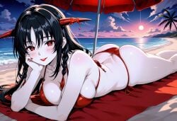 ass bikini black_hair bloodless_(bloodstained) bloodstained:_ritual_of_the_night braid braided_hair full_body hime_cut horns looking_at_viewer lying lying_on_stomach night red_bikini red_eyes red_horns smile vampire vampire_girl white_skin white_skinned_female