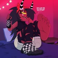 absurdres artist_request babe barefoot bed bedroom best_feet best_girl black_hair demon_girl demon_horns demon_tail dialogue feet feet_up foot_fetish foot_focus foot_play foot_tease foot_worship helluva_boss highres imminent_foot_worship imp imp_horns long_hair looking_at_viewer presenting_feet red_skin ripped_tights sallie_may_(helluva_boss) scar_across_eye seductive_look sexy_feet showing_feet smiling_at_viewer sock_removed soles tired_feet toes trans_woman trans_woman_(lore) transgender_woman vivziepop
