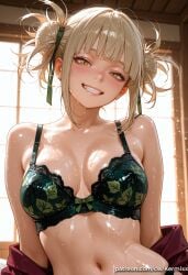 1girl ai_generated bangs bare_shoulders blonde_hair blunt_bangs blush bra breasts cleavage collarbone double_bun female female_only green_bra green_ribbon grin hair_bun hair_ribbon himiko_toga indoors kermixx lace-trimmed_bra looking_at_viewer medium_breasts messy_hair my_hero_academia navel ribbon shiny shiny_skin short_hair sidelocks slit_pupils smile solo stomach sweat teeth toga_himiko underwear upper_body wet yellow_eyes