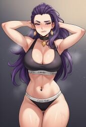 ai_generated belly_piercing biting_lip calvin_klein hot medium_breasts nabila_gele navel_piercing neckwear original_character purple_hair sexy steamy_breath sweat