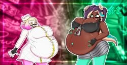 2d 2girls belly_button_piercing breasts cropped_jacket crown dress female female_only fingerless_gloves gloves gold_eyes gradient_background hand_on_belly headphones hi_res highres idol idol_outfit inkloving leggings long_hair looking_at_each_other marina_(splatoon) mole mole_under_mouth off_the_hook_(splatoon) pearl_(splatoon) pink_background pink_hair pink_leggings pregnant pregnant_belly pregnant_female purple_hair ring shiny_clothes shiny_skin short_hair shorts sleeveless splatoon teal_background teal_eyes teal_hair teal_leggings tentacle tentacle_hair turquoise_background turquoise_eyes turquoise_hair turquoise_leggings white_dress yellow_hair zipper