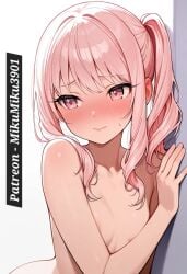 against_wall ai ai_art ai_generated akiyama_mizuki blank_background blush covered_nipples embarrassed flat_chest light-skinned_female light_skin naked naked_female nude nude_female pink_eyes pink_hair shy vocaloid