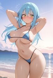 (titancore) after_transformation ai_generated anime_show beach blushing curvy_figure cute cute_girl female gender_transformation girl growing_breasts light_blue_hair long_hair monster_girl rimuru_tempest rule_63 seductive_look slime_girl transformation yellow_eyes