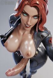 1girls ai_generated big_breasts big_penis black_widow_(marvel) blue_eyes female from_above futanari grin ham11 marvel marvel_rivals natasha_romanoff open_clothes precum red_hair selfie solo