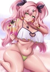 bikini bikini_top_only breasts cleavage_cutout clothing_cutout cropped_legs cup green_eyes green_panties heart heart_necklace highres holding holding_cup jewelry large_breasts long_hair looking_at_viewer navel necklace nicole_demara open_mouth panties pink_hair pink_nails sevie swimsuit twintails underboob underwear v zenless_zone_zero