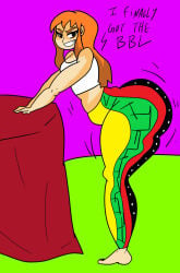 ass ass_focus glitch_productions hands_on_table huge_ass long_hair looking_at_viewer meggy_spletzer orange_hair pants smg4 splatoon tank_top