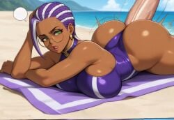 1girls ai_generated beach big_ass braided_hair clothed_sex dark-skinned_female dark_skin dolores_(kof) glasses green_eyes in_ass king_of_fighters long_hair outdoors purple_hair round_glasses swimsuit two-tone_hair white_hair