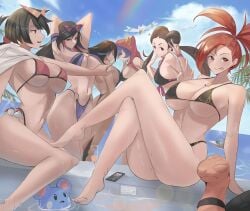 6girls alternate_breast_size alternate_costume azurill barefoot bikini black_hair boat breasts brown_hair busty calmgreentori cape clouds colored courtney_(pokemon) curvy curvy_figure drink earrings female female_only flannery_(pokemon) game_freak gym_leader hand_under_chin heart hood imminent_kiss jewlery large_breasts long_legs lucy_(pokemon) necklace nintendo ocean pokeball pokemon pokemon_(species) pokemon_oras pokemon_rse ponytail pool poolside purple_hair red_eyes red_hair romantic_tension roxanne_(pokemon) shelly_(pokemon) sky sunglasses sunglasses_on_head swimsuit tagme team_aqua team_magma thick_thighs thighs torkoal twintails wide_hips wine_glass wingull yuri zinnia_(pokemon)