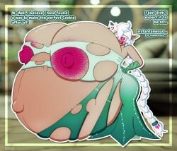 2d areolae armwear blush braided_hair cookie_run cookie_run_kingdom dialogue dress exposed_belly exposed_breasts green_dress hand_on_hip headwear hi_res highres hyper hyper_breasts hyper_pregnancy inkloving looking_at_viewer nipples pink_areola pink_eyes pregnant red_areola red_eyes sweat torn_clothes white_hair white_lily white_lily_cookie