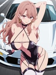 ai_generated car huge_breasts long_hair mature_female neckline oshi_no_ko saitou_miyako smile voluptuous