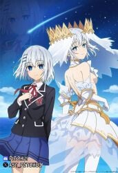 angel anime_girl backless_dress backless_outfit blue_eyes bride bride_gown crown date_a_live dress eyebrows_visible_through_hair gorgeous_female hair_between_eyes neck_length_hair nipples raizen_high_school_uniform school_uniform shoulder_blades side_view_breasts skirt small_breasts smiling_at_viewer spirit thighs tobiichi_origami topless_female turning_around turning_head white_hair