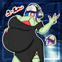2d acht_(splatoon) black_dress blue_background blue_hair bra bra_strap breasts dedf1sh dress glasses green_skin hand_on_belly hat headphones hi_res highres inkloving leggings long_shirt pregnant pregnant_belly red_glasses red_hair sanitized_(splatoon) shades shiny_skin shirt splatoon tentacle tentacle_hair waving