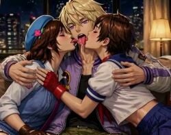 1boy 2girls ai_generated grok grok_imagine group_kiss group_kissing ivan_karelin kazama_asuka kissing sakura_kasugano street_fighter tagme tekken tiger_and_bunny triple_kiss video