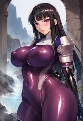 ai_generated big_ass civitai huge_breasts impossible_clothes kamori_sayaka latex_clothing latex_gloves latex_legwear latex_thighhighs nun nun_outfit purple_bodysuit rindou_aya_style shiny_clothes voluptuous