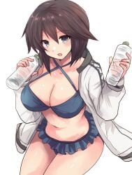 1girl bikini bikini_skirt black_hair blue_bikini bottle breasts cleavage commentary_request criss-cross_halter grey_eyes halterneck hayasui_(kantai_collection) highres hirune_(konekonelkk) holding holding_bottle jacket kantai_collection large_breasts looking_at_viewer short_hair simple_background solo swimsuit track_jacket water_bottle white_background white_jacket