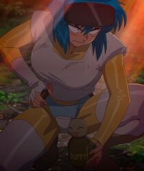 blush breasts clothing ghost_in_the_shell kusanagi_motoko medium_breasts muscular_thighs nail_polish outdoors red_eyes screencap stitched the_ghost_in_the_shell thick_thighs thighhighs thighs