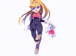 bangs blonde_female blonde_hair blue_eyes bodystocking breasts capcom ciel_(mega_man) feet feet_up female female_focus gloves hair_between_eyes helmet kaidou_zx long_hair looking_at_viewer mega_man mega_man_zero navel open_mouth pink_vest ponytail shoes shoes_removed simple_background sleeveless small_breasts smile soles solo swept_bangs toeless_legwear upper_body very_long_hair vest white_background white_gloves