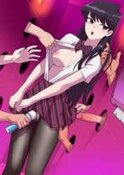 :o absurdres black_hair bow bowtie breasts clothes_lift dutch_angle female glory_hole groping highres hitachi_magic_wand holding_another's_hair komi-san_wa_komyushou_desu komi_shouko light_blush long_hair multiple_boys nipples no_bra open_clothes open_mouth open_shirt pantyhose penis purple_eyes pussy pussy_juice sex_toy shirt shirt_grab short_sleeves skirt skirt_lift solo_focus tekuho unseen_male_face vibrator white_shirt