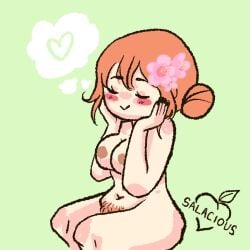 black_nail_polish blush closed_eyes exposed_breasts exposed_pussy hair_bun happy nail_polish oc orange_hair original_character pale_skin peachy_(salaciouspeachy) pubic_hair red_hair salaciouspeachy side_bun sleeping thighs wide_hips