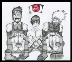 3boys arms_tied barefoot black_and_white blush bondage foot_imprint footprint_on_sandals hatake_kakashi jaden_(trueticklefanatic) male male_feet male_foot_fetish male_only monochrome naruto naruto_(series) red_eyes rope sandals sarutobi_asuma sharingan shoes_removed stocks tattoo tattoo_on_shoulder tears tickle_torture tickling tickling_feet trueticklefanatic