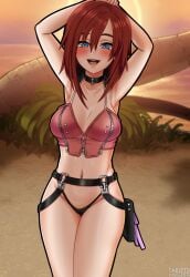 1girls arms_up artist_signature beach blue_eyes blush choker comission disney kairi kingdom_hearts light-skinned_female light_skin palm_tree pinup pinup_pose red_hair sand short_hair smile smiling solo solo_female square_enix tabletknight