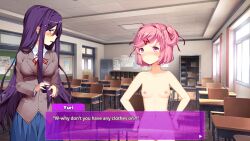 2girls angry angry_eyes angry_face blue_skirt blush classroom closet desk desks doki_doki_literature_club english_text female female_only flushed flustered hands_on_hips multiple_girls naked natsuki_(doki_doki_literature_club) no_clothes nude nudist open_mouth pink_eyes pink_hair playing_with_hair purple_eyes purple_hair purple_text_box skirt sprite sweatdrop sweating text text_box uniform window yuri_(doki_doki_literature_club)