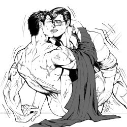 2boys anal ass back bara batman batman_(series) blush bruce_wayne clark_kent closed_eyes collared_shirt couple dc_comics french_kiss glasses greyscale highres holding_another's_leg holding_hands kissing large_pectorals male_focus mature_male monochrome multiple_boys muscular muscular_male nude pectorals scar scar_on_arm scar_on_back sex shirt shirt_removed short_hair superbat superman superman_(series) tongue tongue_out yaoi yooko youko