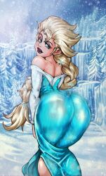 ass ass_in_dress bare_shoulders big_ass big_butt blonde_hair blue_eyes braid braided_hair bubble_ass bubble_butt commission curvaceous curvy curvy_female disney dress edit edited elsa_(frozen) eyelashes eyeshadow female female_only frozen_(film) hair_ornament ice large_ass lipstick long_hair looking_at_viewer looking_back makeup motion_blur motion_lines plump_ass reliusmax shaking_ass shaking_butt snow solo solo_female solo_focus tight_clothing tight_dress twerk twerking