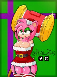 amy_rose anthro arms_behind_back armwear belly belly_bulge big_breasts breasts bursting_breasts christmas christmas_clothing christmas_hat christmas_headwear christmas_outfit christmas_present dress eyelashes eyeshadow furry garter_belt garter_straps gloves green_eyes hammer hedgehog huge_breasts large_breasts lipstick muffin_top panties piko_piko_hammer pink_fur pink_hair pink_skin pixelluvbytez shiny shiny_skin sonic_(series) sonic_the_hedgehog_(series) sparkles stockings striped_legwear striped_panties stripes tail thigh_highs thigh_strap thighhighs thighs tight_clothes tight_clothing tight_dress waist_belt