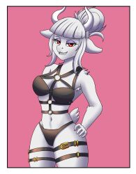 alternate_form anthro bovid caprine clothing female fur goat goat_lucifer_(helltaker) hair hair_bun hand_on_hip helltaker hi_res horn lingerie looking_at_viewer mammal smile solo underwear zachc