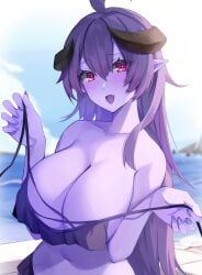 arunira beach bikini breasts brll cleavage colored_skin demon demon_girl demon_horns female highres horns large_breasts long_hair looking_at_viewer original pointy_ears purple_hair purple_skin red_eyes standing swimsuit undressing upper_body