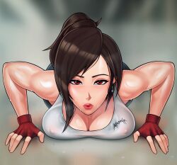 1girls 2022 breasts brown_hair cleavage erect_nipples female female_only final_fantasy final_fantasy_vii final_fantasy_vii_remake huge_breasts long_hair loodncrood looking_at_viewer nipples_visible_through_clothing push_ups red_eyes sports_bra sportswear square_enix sweat sweaty_body tifa_lockhart