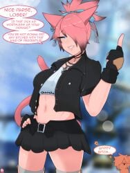 abdomen bullying cat_ears cat_tail catgirl crop_top final_fantasy final_fantasy_xiv gloves jacket lips looking_at_viewer middle_finger miniskirt miqo'te pink_hair skirt talking thighhighs woawdesu zephyr_winds