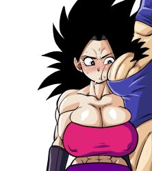 1boy 1girls big_breasts big_penis black_hair blush blushing breasts cabba caulifla dick_on_face dick_slip dragon_ball dragon_ball_super female horny horny_female large_breasts large_penis male muscular muscular_female penis penis_bulge penis_on_face pseudocel pubic_hair shocked_expression