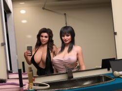 1futa 1girls 2020 3d 3d_(artwork) ally_(kyla) black_dress black_hair breasts brown_hair clothed clothing dress female futanari genna_(kyla) gray_dress grey_dress huge_breasts indoors kyla_(artist) lipstick mirror mirror_selfie multiple_girls nipple_bulge nipples_visible_through_clothing no_bra original_character original_characters red_lipstick reflection selfie slushe_(website) smartphone smile standing