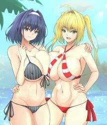 2girls absurdres ahoge ass_visible_through_thighs asymmetrical_docking bangs bikini black_bikini blonde_hair blue_eyes blue_hair breast_press breasts cameltoe cleavage covered_nipples creator_connection criss-cross_halter crossover fate/grand_order fate_(series) hair_between_eyes hair_intakes hairband halterneck hand_around_waist hand_on_hip hand_on_shoulder highres hololive hololive_english hololive_english_-council- hololive_english_-promise- large_breasts long_hair looking_at_viewer multiple_girls navel nero_claudius_(fate) nero_claudius_(swimsuit_caster) ocean open_mouth ouro_kronii outdoors red_bikini short_hair side-by-side side-tie_bikini smile striped striped_bikini swimsuit twintails vertical-striped_bikini virtual_youtuber water white_hairband zone25388591