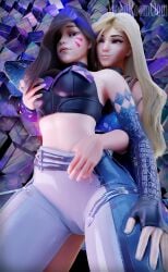 3d 3d_(artwork) blizzard_entertainment blonde_hair brown_hair cameltoe d.va grabbing_breasts k/da_series league_of_legends mercy moonroomoom overwatch overwatch_2 tight_clothing yuri