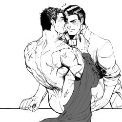 2boys anal ass back bara batman batman_(series) blush bruce_wayne clark_kent closed_mouth collared_shirt couple dc_comics eyewear_removed glasses greyscale highres holding holding_another's_leg holding_eyewear holding_hands large_pectorals looking_at_another male_focus mature_male monochrome multiple_boys muscular muscular_male nude pectorals scar scar_on_arm scar_on_back sex shirt shirt_removed short_hair superbat superman superman_(series) yaoi yooko youko