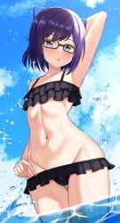 1girls :o a-chan_(hololive) arm_behind_head arm_up armpits ass_visible_through_thighs bangs bikini black_bikini blue_bow blue_eyes blue_sky blush bow cloud collarbone female flat_chest frilled_bikini frills glasses groin hairbow highres hip_focus hololive hololive_staff lowleg lowleg_bikini navel nootomo open_mouth outdoors purple_hair short_hair sky solo solo_female stomach swimsuit thighs virtual_youtuber wading water water_drop