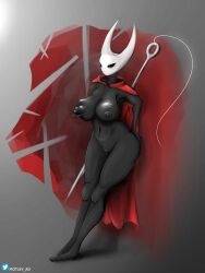 anthro arthropod big_breasts black_body breast_grab breasts clothing digital_media_(artwork) female genitals hand_on_breast hi_res hollow_knight hornet_(hollow_knight) horns insects leaning mammal motley_ad nipples nude pussy simple_background solo team_cherry vessel_(species) video_games weapon