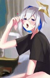 1girls after_sex amane_kanata asymmetrical_bangs asymmetrical_hair bangs blue_hair bob_cut colored_inner_hair condom cum cum_in_mouth cum_on_tongue drinking_from_condom female gokkun grey_hair hair_over_one_eye halo highres holding holding_condom holoforce hololive hololive_japan multicolored_hair purple_eyes sankon119 short_hair single_hair_intake star_halo streaked_hair tongue tongue_out used_condom virtual_youtuber