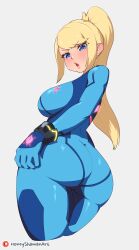 1girls ass big_ass big_breasts big_butt blonde_female blonde_hair blue_eyes bodysuit breasts eye_contact female female_focus female_only honeyshaman long_hair looking_at_viewer metroid nintendo samus_aran standing thick_thighs zero_suit zero_suit_samus