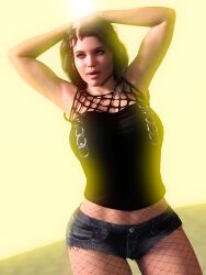 1girls 2020 3d 3d_(artwork) arms_up black_hair clothed clothing dutch_angle female female_only fishnet_pantyhose fishnets genna_(kyla) huge_breasts jean_shorts kyla_(artist) original_character slushe_(website) solo solo_female standing