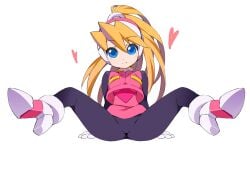 bangs blonde_hair blue_eyes bodystocking breasts capcom ciel_(mega_man) female female_focus gloves hair_between_eyes helmet kaidou_zx long_hair looking_at_viewer mega_man mega_man_zero navel open_mouth pink_vest ponytail simple_background sleeveless small_breasts smile solo spread_legs spreading swept_bangs upper_body very_long_hair vest white_background white_gloves