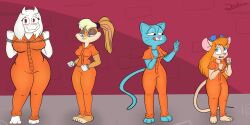 2d 4girls anthro anthro_only barefoot big_breasts breasts chip_'n_dale_rescue_rangers crossover dianilane feet female female_only gadget_hackwrench lola_bunny looney_tunes multiple_girls nicole_watterson paws space_jam tagme the_amazing_world_of_gumball toriel undertale undertale_(series)