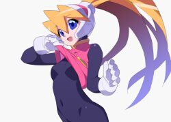 bangs blonde_hair blue_eyes bodystocking breasts capcom ciel_(mega_man) clothes_lift female female_focus gloves hair_between_eyes helmet kaidou_zx lifted_by_self long_hair looking_at_viewer mega_man mega_man_zero navel open_mouth pink_vest ponytail shirt_lift simple_background sleeveless small_breasts smile solo swept_bangs upper_body very_long_hair vest white_background white_gloves