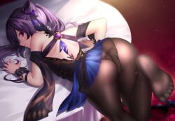 ass back bare_shoulders blush closed_mouth cone_hair_bun female genshin_impact hair_bun hair_ribbon highres keqing_(genshin_impact) keqing_(opulent_splendor)_(genshin_impact) long_hair lying neit_ni_sei no_shoes official_alternate_costume on_stomach panties panties_under_pantyhose pantyhose purple_hair red_eyes ribbon soles solo tablecloth twintails underwear vision_(genshin_impact)