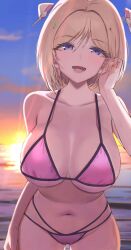 1girls 2022 :d absurdres aki_rosenthal alternate_breast_size backlighting bare_arms bare_shoulders bikini blonde_hair blue_eyes breasts cleavage collarbone cowboy_shot female female_focus female_only hair_ornament hand_up highres hololive hololive_gen_1 hololive_japan large_breasts looking_at_viewer multi-strapped_bikini navel open_mouth pink_bikini short_hair smile solo solo_female standing stomach strap_gap string_bikini sunset swimsuit twin_(tt_lsh) virtual_youtuber