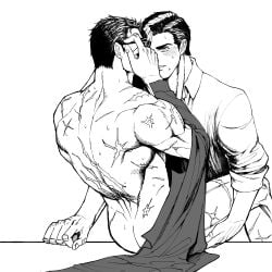 2boys adjusting_eyewear anal ass back bara batman batman_(series) blush bruce_wayne clark_kent collared_shirt couple dc_comics glasses greyscale highres holding_another's_leg holding_hands large_pectorals looking_at_another male_focus mature_male monochrome multiple_boys muscular muscular_male nude pectorals scar scar_on_arm scar_on_back sex shirt shirt_removed short_hair superbat superman superman_(series) yaoi yooko youko