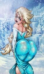 ass ass_in_dress bare_shoulders big_ass big_butt blonde_hair blue_eyes braid braided_hair bubble_ass bubble_butt commission curvaceous curvy curvy_female disney dress dress_inside_ass elsa_(frozen) eyelashes eyeshadow female female_only frozen_(film) hair_ornament ice large_ass lipstick long_hair looking_at_viewer looking_back makeup pawg plump_ass reliusmax round_ass showing_off_ass snow solo solo_female solo_focus tight_clothing tight_dress